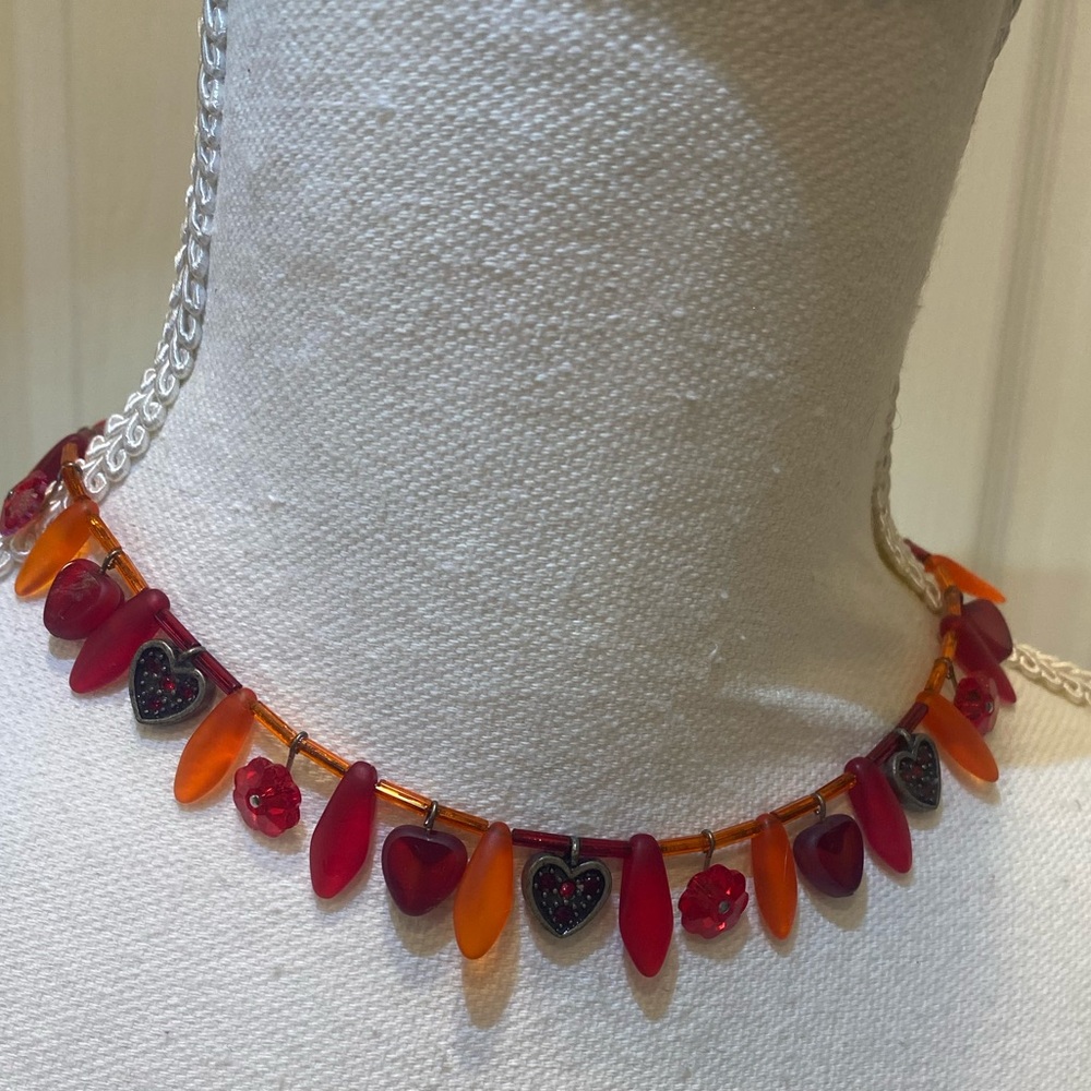 Beautiful mixed red Leaves & orange hearts and flowers Necklace from England EUC